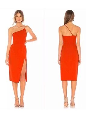 Lovers + Friends Red Asymmetrical One-Shoulder Slit Midi Dress